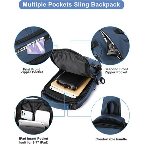 Blue Sling Crossbody Backpack Shoulder Messenger Bag for Men, - Picture 5 of 7